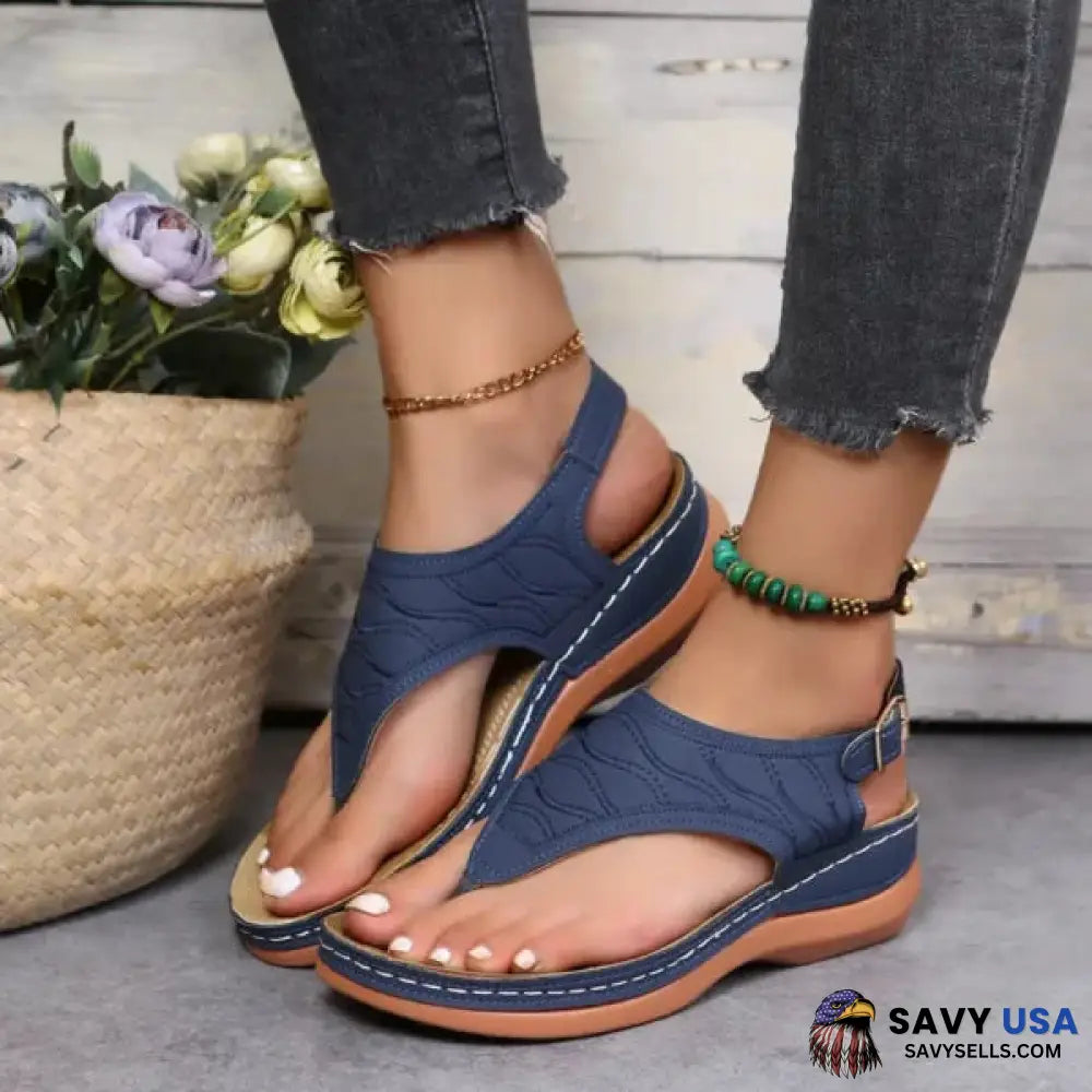 Leather Orthopedic Arch Support Sandals Diabetic Walking Blue / 5