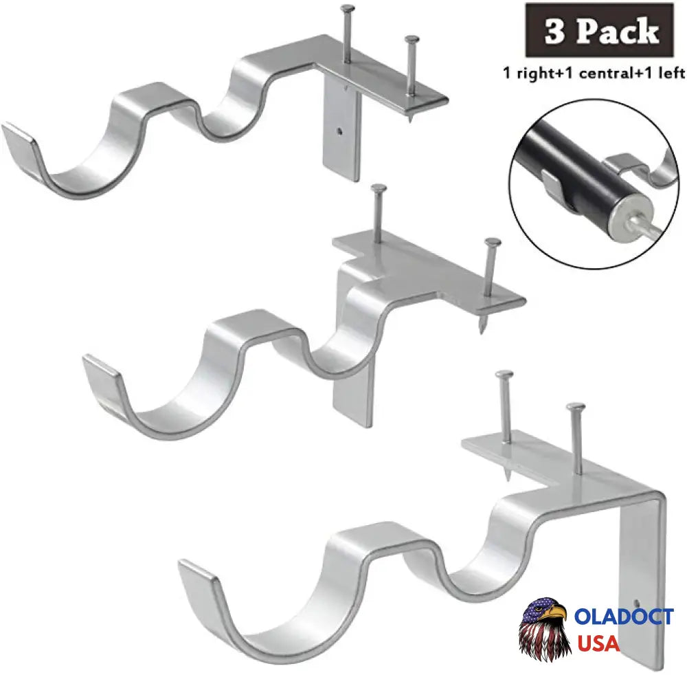 No Drill Curtain Rod Brackets Holders Silver / Double Rod Bracket + Center Support