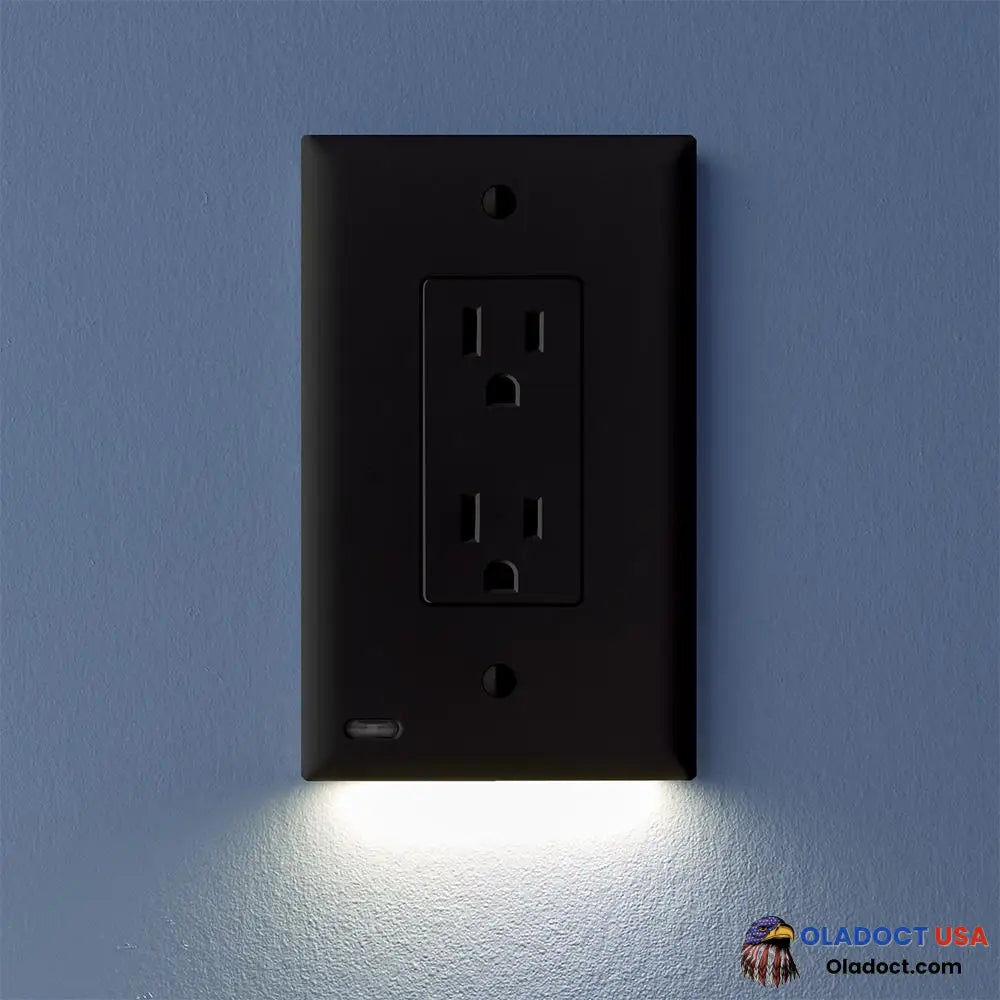 Outlet Wall Plate With Led Night Lights-No Batteries Or Wires [Ul Fcc Csa Certified] Décor / Black