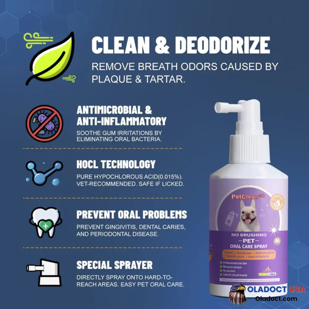 Petclean Teeth Cleaning Spray For Dogs & Cats Eliminate Bad Breath Targets Tartar Plaque Without