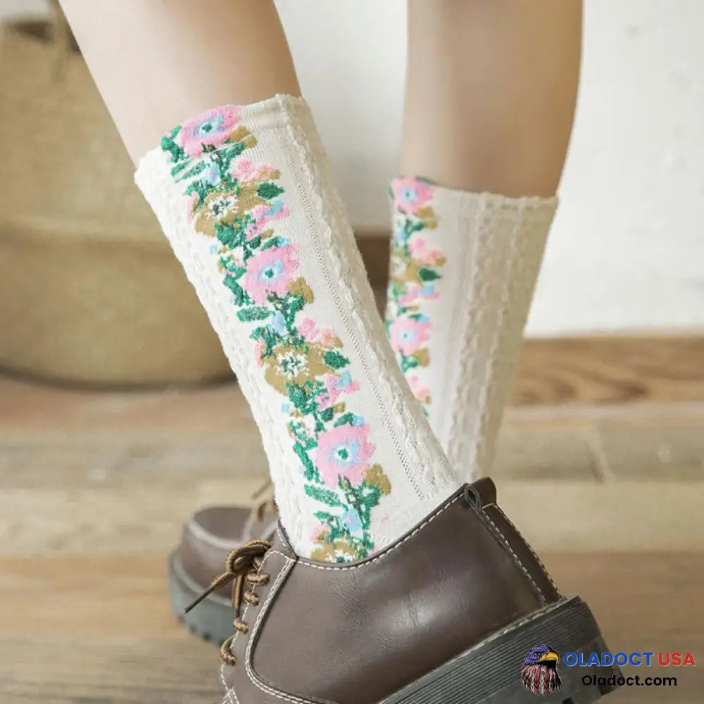 Vintage Embroidered Floral Socks (5 Pairs)