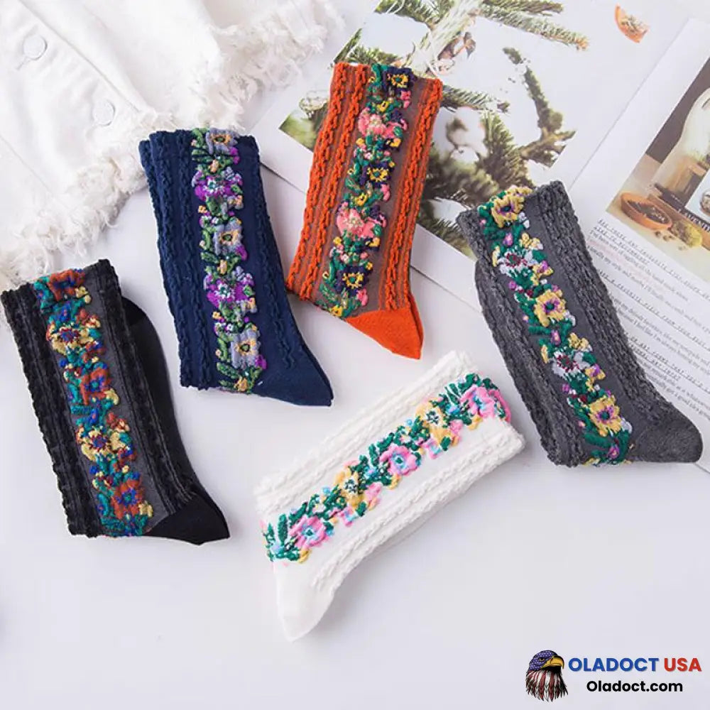 Vintage Embroidered Floral Socks (5 Pairs)