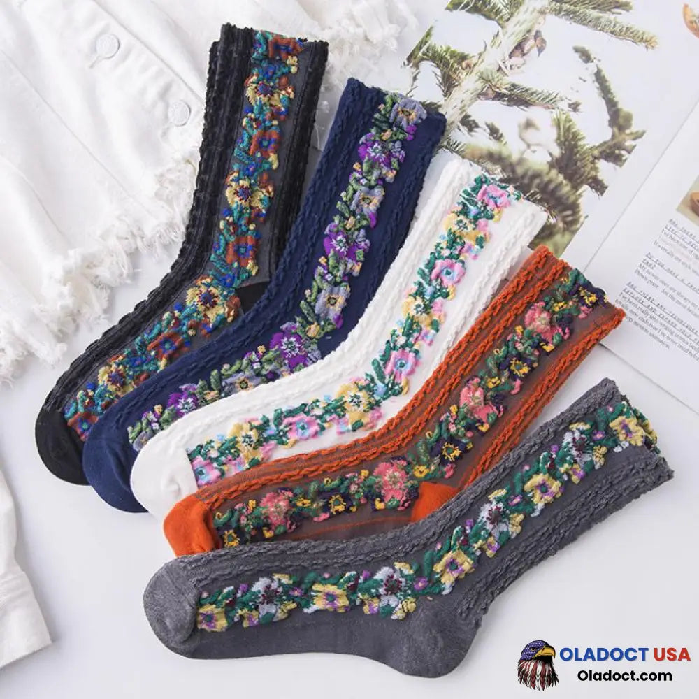 Vintage Embroidered Floral Socks (5 Pairs) Five Pairs (One Pair For Each Of Five Colors)